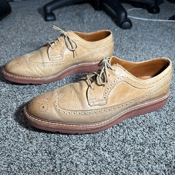 Allen Edmonds Shoes Mens 9.5 D Tan Leather Shannon Drive Brogue Long Wingtip - Picture 4 of 8